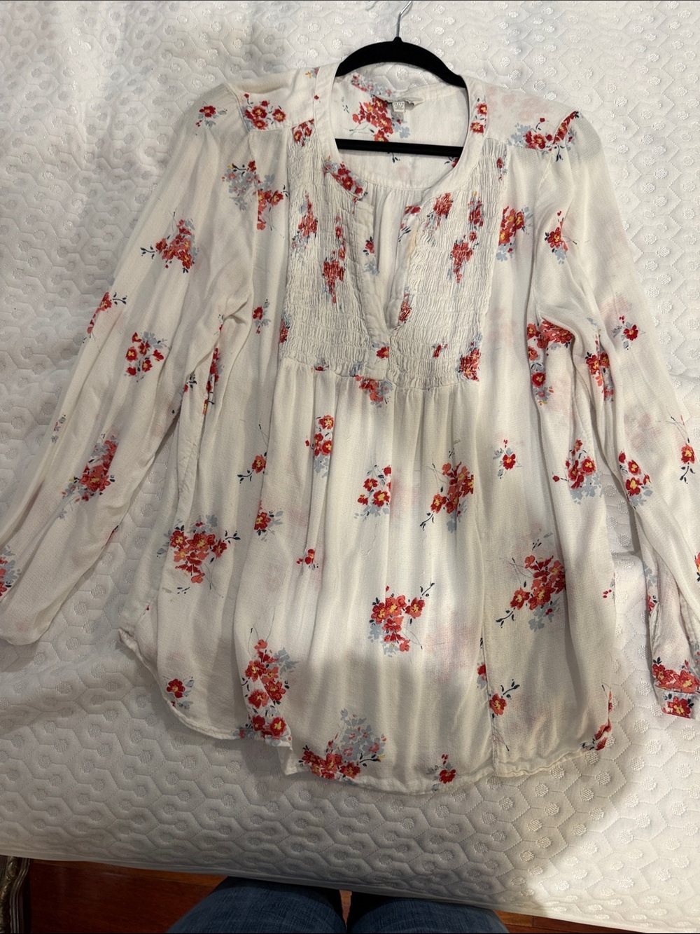 Lucky Brand White Peasant Tunic with Red Floral Print